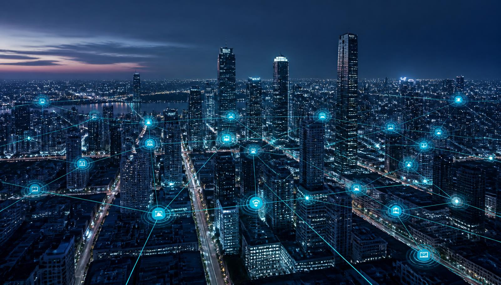 Vista aérea de una ciudad conectada al anochecer con nodos y líneas de datos